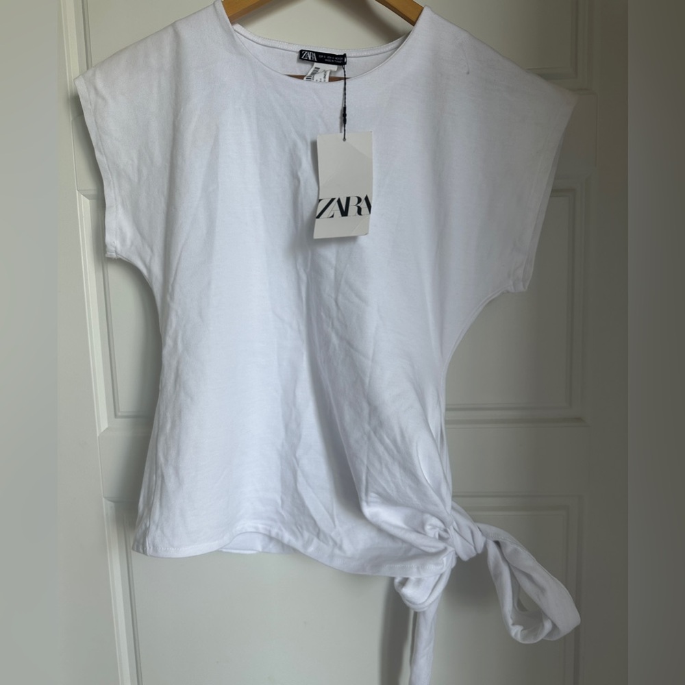 Zara White Tie-Front Short Sleeve Tee- NWT